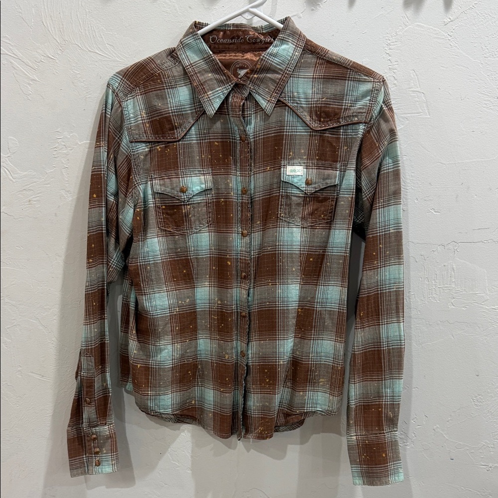 Women's Brown and Blue Plaid Button Down Shirt